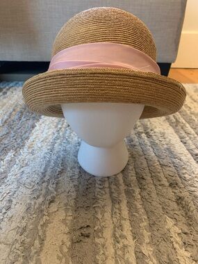 Laura Ashley 90’s Vintage Natural Straw Hat with Pink Ribbon